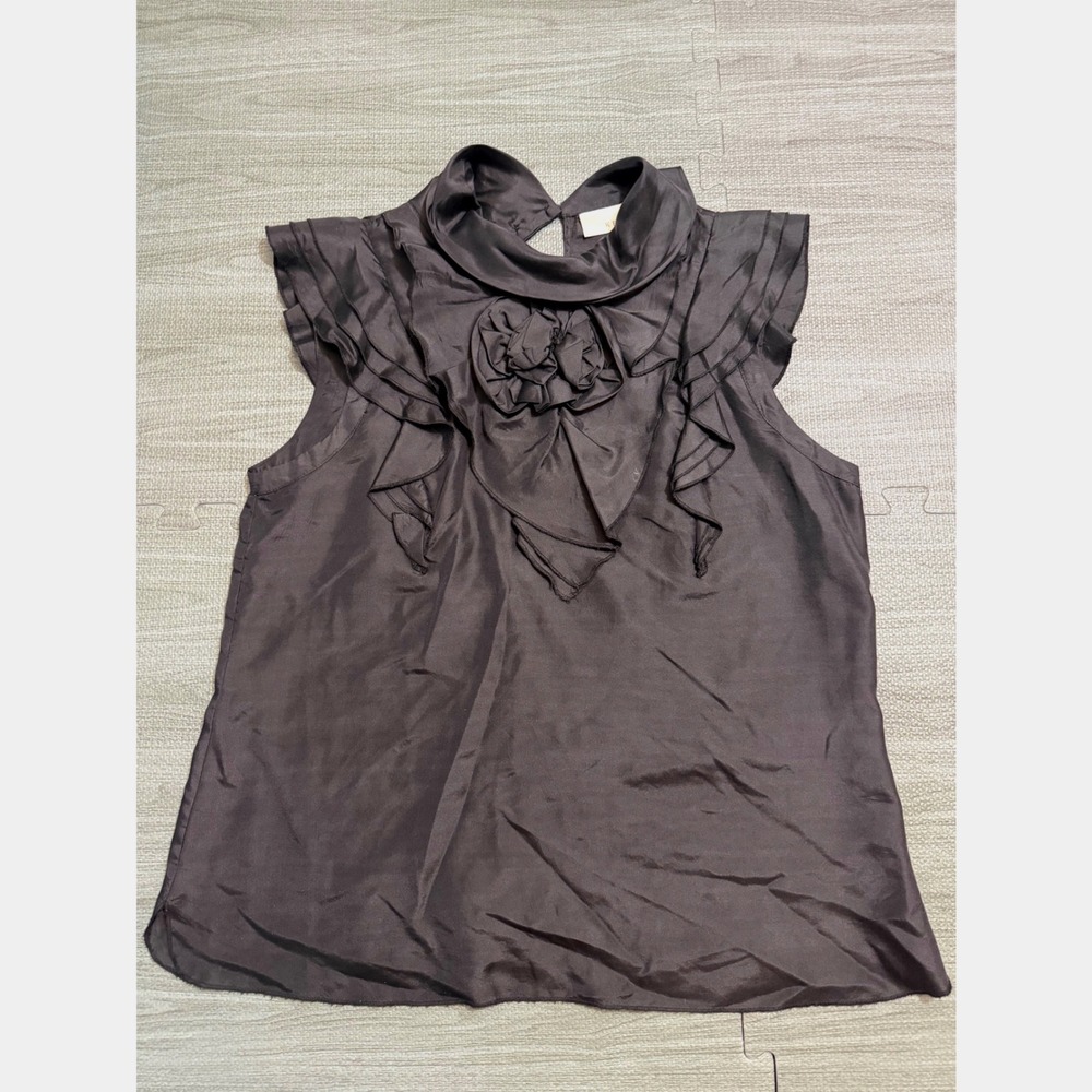 Kenar Silk Ruffle Rosette Blouse Sleeveless Mock Neck Black Top Medium